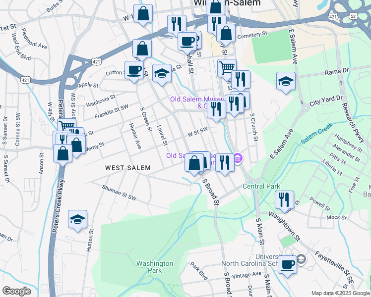 map of restaurants, bars, coffee shops, grocery stores, and more near 611 Washington Avenue Southwest in Winston-Salem