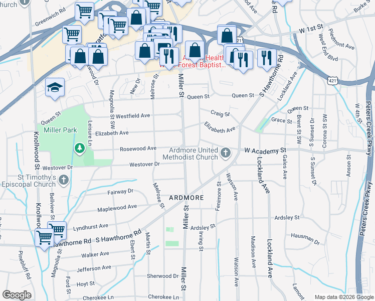 map of restaurants, bars, coffee shops, grocery stores, and more near 618 Miller Street in Winston-Salem