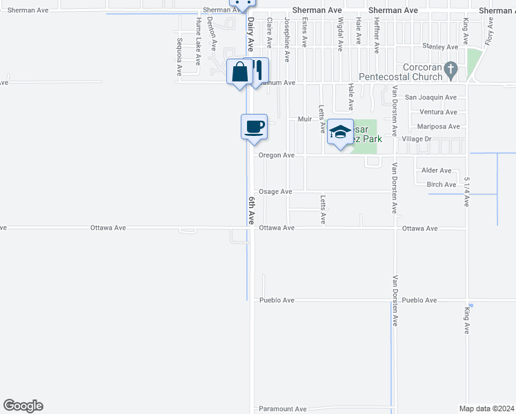 map of restaurants, bars, coffee shops, grocery stores, and more near 2121 Dairy Avenue in Corcoran