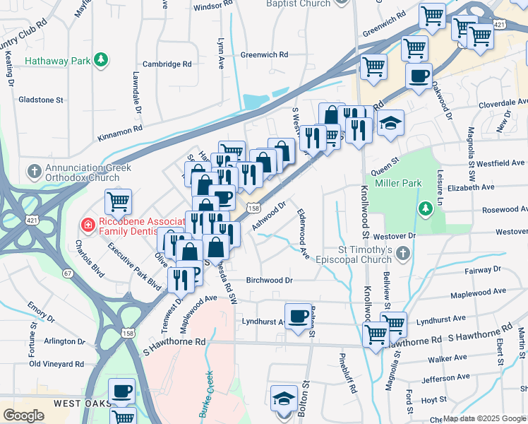 map of restaurants, bars, coffee shops, grocery stores, and more near 2839 Ashwood Drive in Winston Salem