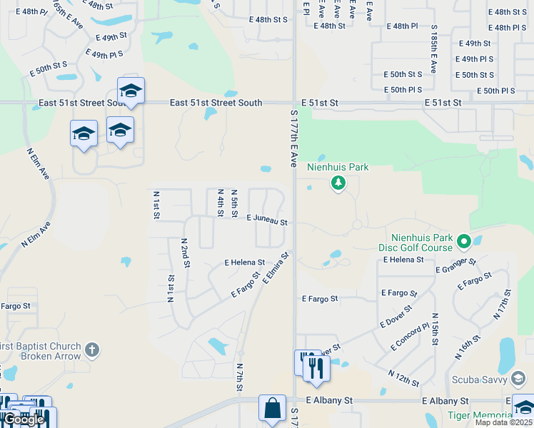 map of restaurants, bars, coffee shops, grocery stores, and more near 3301 North 7th Street in Broken Arrow