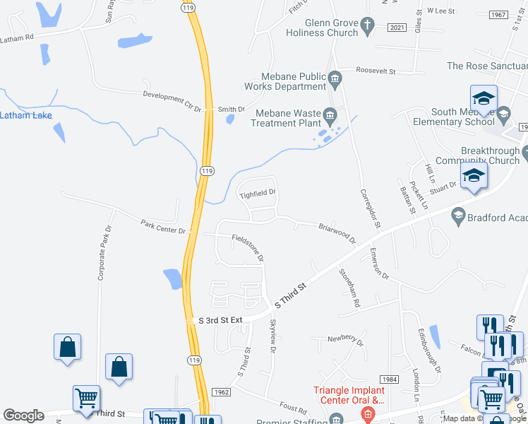 map of restaurants, bars, coffee shops, grocery stores, and more near 405 Sunland Drive in Mebane