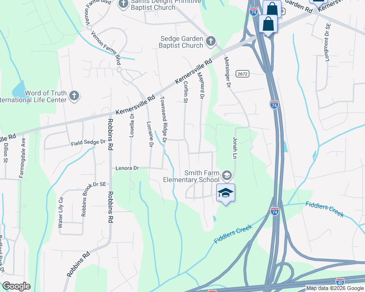 map of restaurants, bars, coffee shops, grocery stores, and more near 221 Williamsgate Court in Winston-Salem