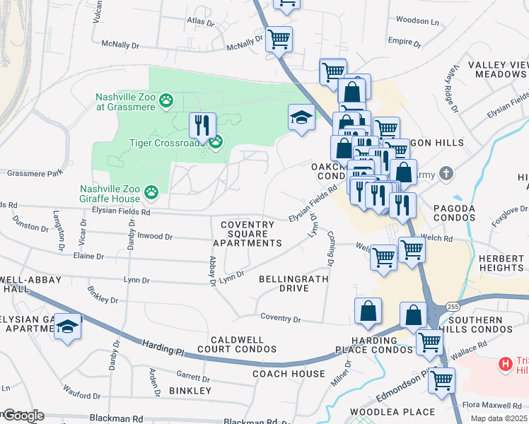 map of restaurants, bars, coffee shops, grocery stores, and more near 482 Elysian Fields Road in Nashville