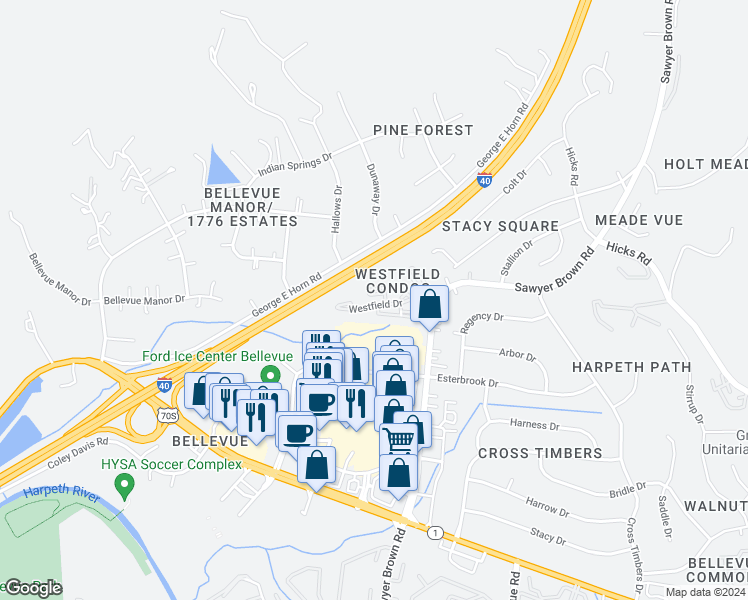 map of restaurants, bars, coffee shops, grocery stores, and more near 350 Westfield Drive in Nashville