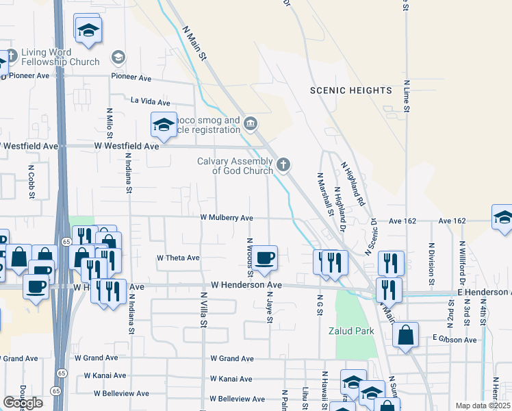 map of restaurants, bars, coffee shops, grocery stores, and more near 446 West Mulberry Avenue in Porterville