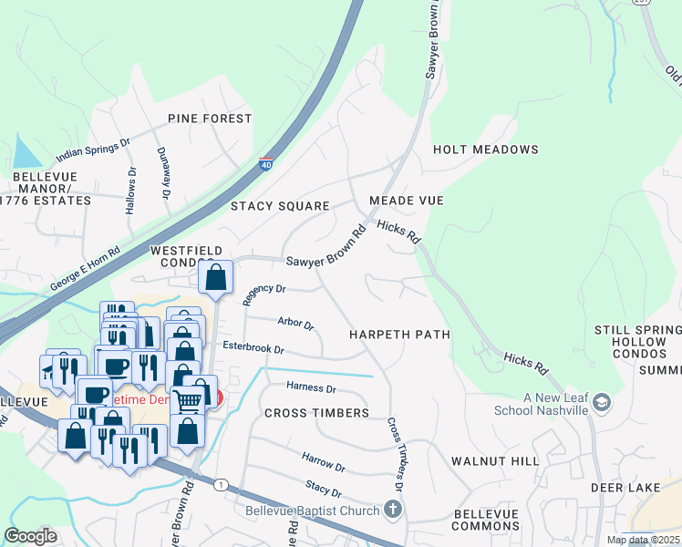 map of restaurants, bars, coffee shops, grocery stores, and more near 342 Cross Timbers Drive in Nashville