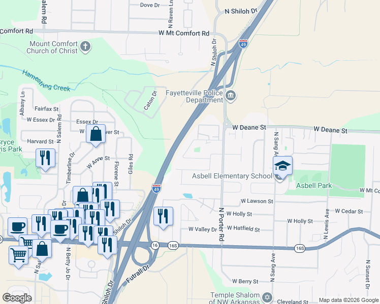 map of restaurants, bars, coffee shops, grocery stores, and more near 1658 North Saddlehorn Avenue in Fayetteville