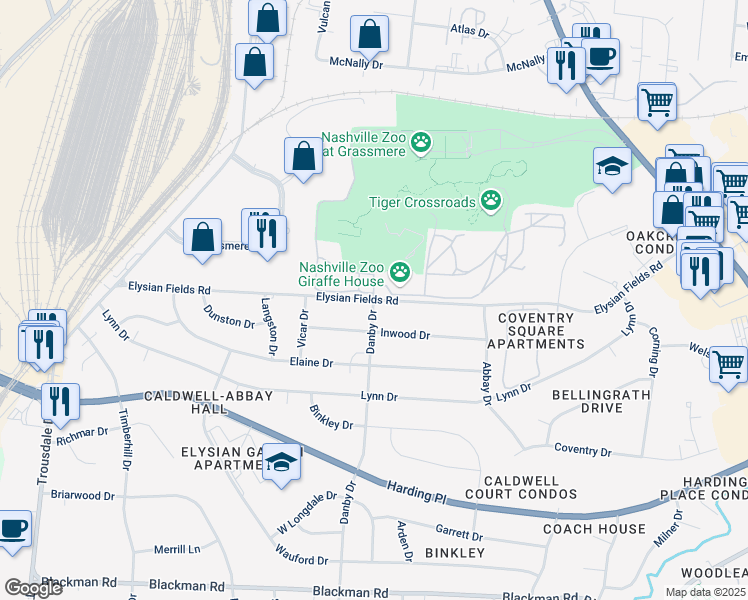 map of restaurants, bars, coffee shops, grocery stores, and more near Elysian Fields Road in Nashville
