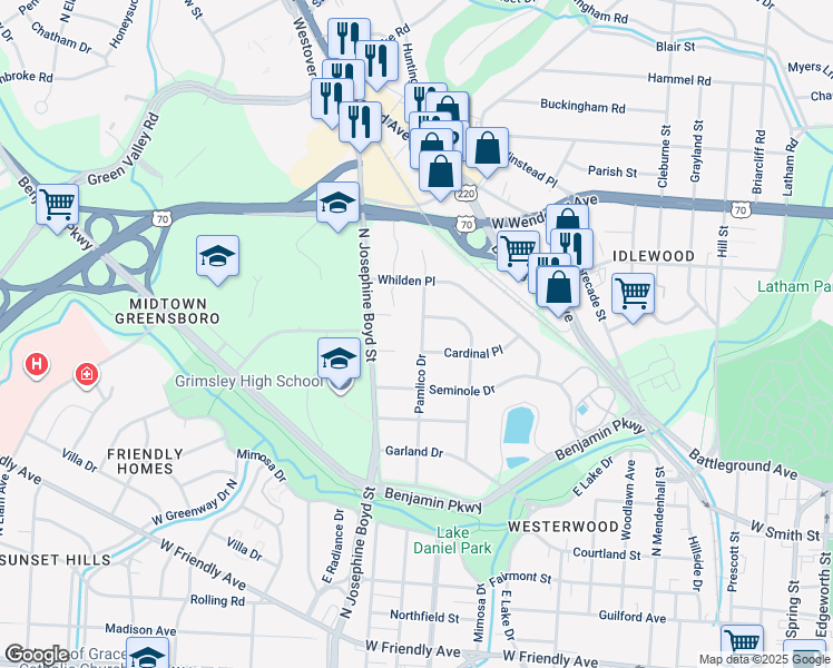 map of restaurants, bars, coffee shops, grocery stores, and more near 1005 Pamlico Drive in Greensboro