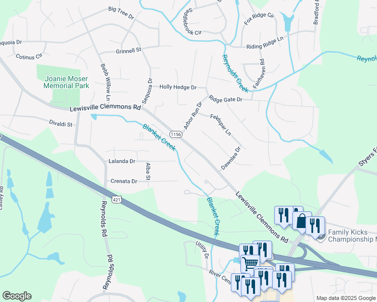 map of restaurants, bars, coffee shops, grocery stores, and more near 1010 Lewisville Clemmons Road in Lewisville