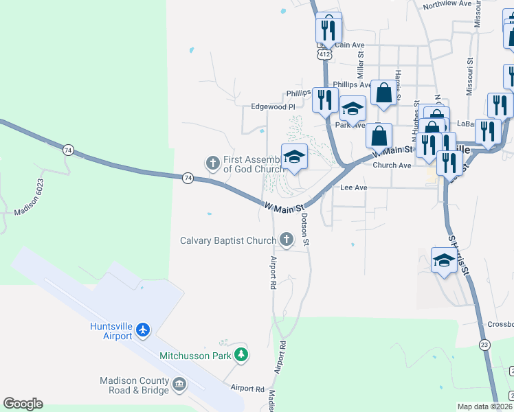 map of restaurants, bars, coffee shops, grocery stores, and more near 1303 West Main Street in Huntsville
