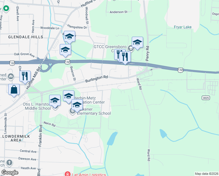 map of restaurants, bars, coffee shops, grocery stores, and more near 4304 Maybrook Drive in Greensboro