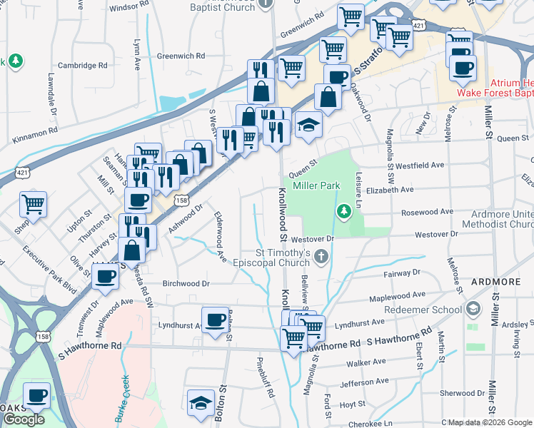 map of restaurants, bars, coffee shops, grocery stores, and more near 736 Ashview Drive in Winston-Salem