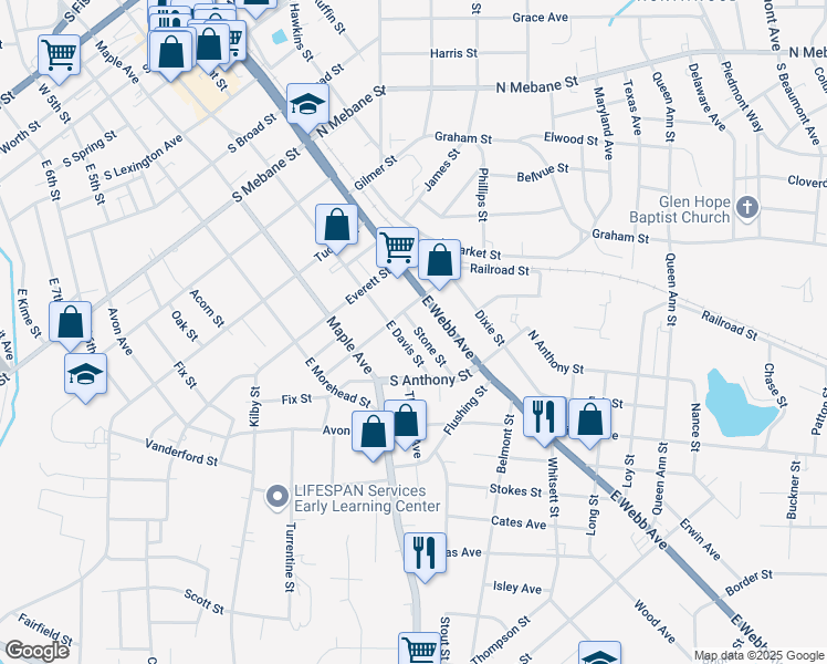 map of restaurants, bars, coffee shops, grocery stores, and more near 909 Stone Street in Burlington