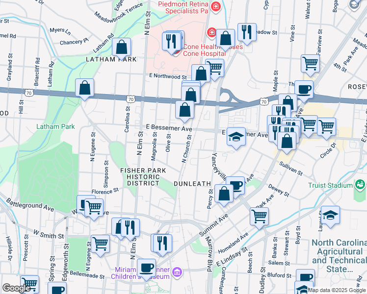 map of restaurants, bars, coffee shops, grocery stores, and more near 765 Chestnut Street in Greensboro