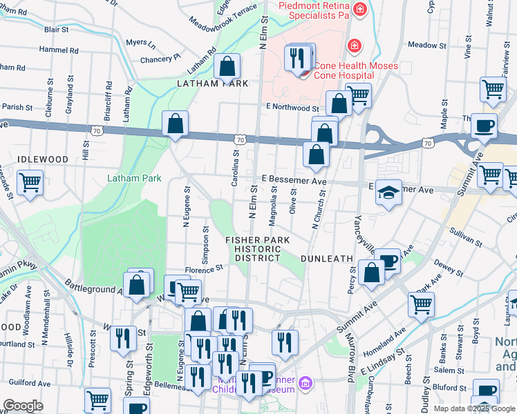 map of restaurants, bars, coffee shops, grocery stores, and more near 819 North Elm Street in Greensboro