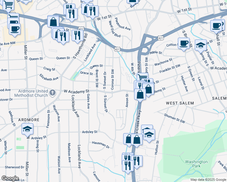 map of restaurants, bars, coffee shops, grocery stores, and more near 1514 West Academy Street in Winston-Salem