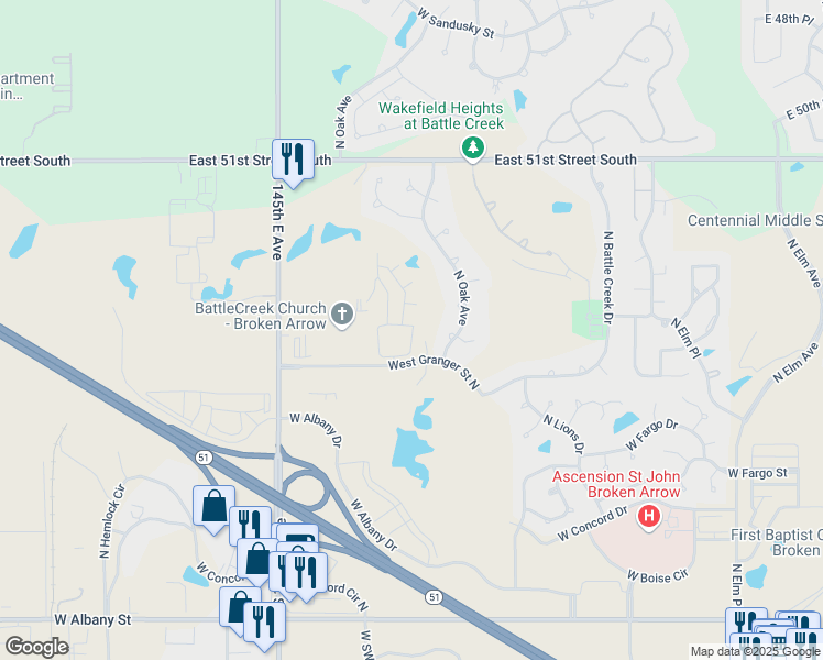 map of restaurants, bars, coffee shops, grocery stores, and more near 3000 North Oak Avenue in Broken Arrow