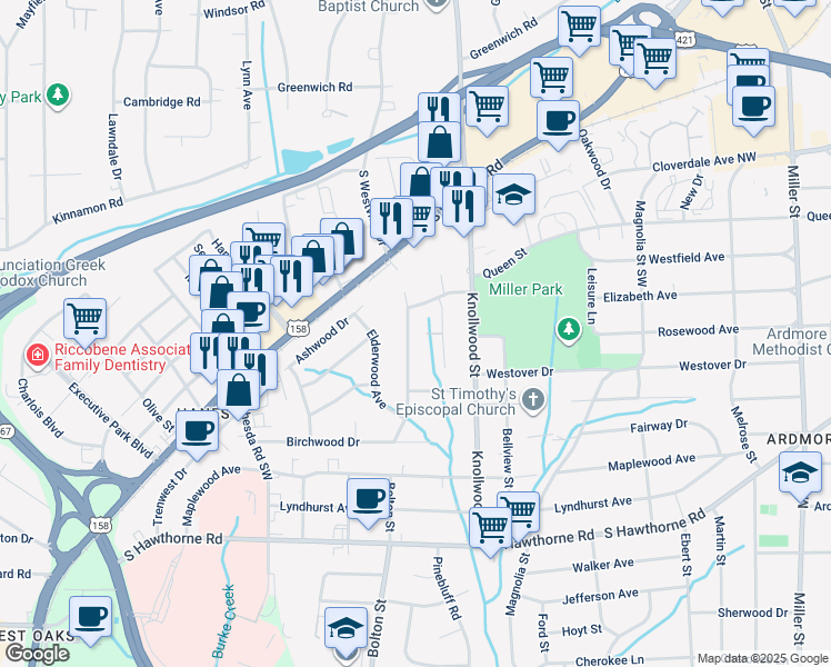 map of restaurants, bars, coffee shops, grocery stores, and more near 719 South Westview Drive in Winston-Salem
