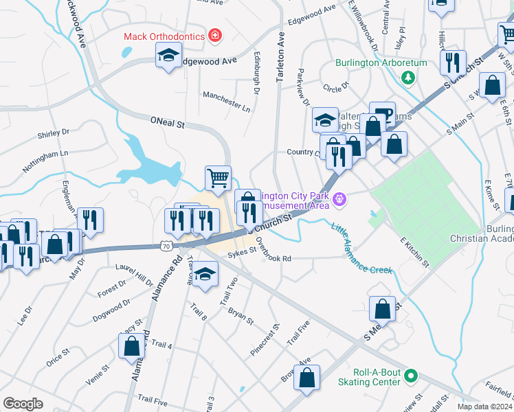 map of restaurants, bars, coffee shops, grocery stores, and more near 629 Country Club Drive in Burlington