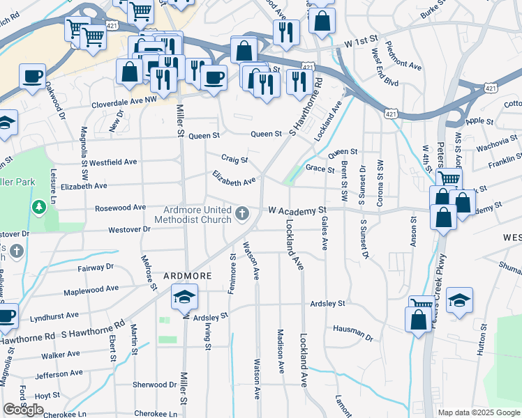 map of restaurants, bars, coffee shops, grocery stores, and more near 1132 Academy Street in Winston-Salem