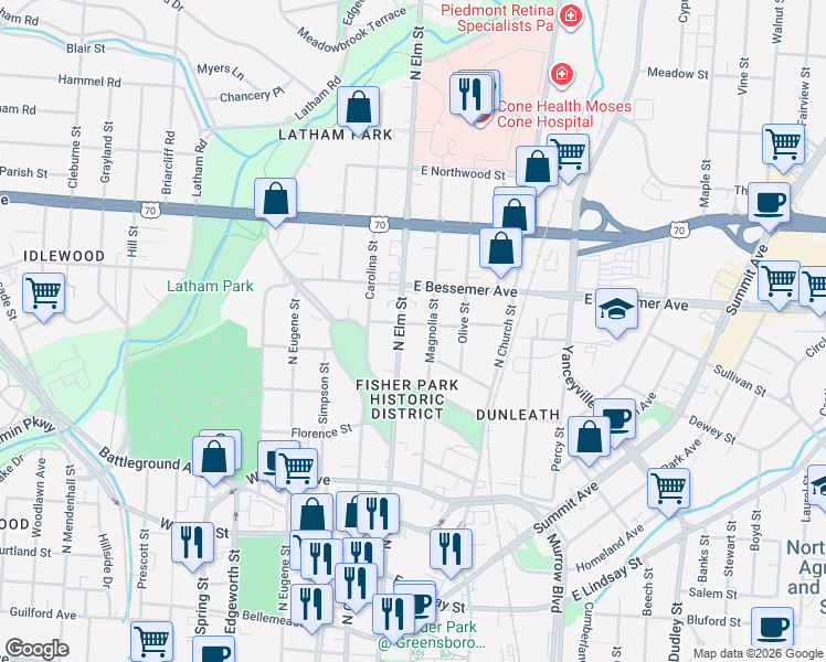map of restaurants, bars, coffee shops, grocery stores, and more near 828 North Elm Street in Greensboro