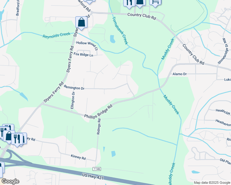 map of restaurants, bars, coffee shops, grocery stores, and more near 5736 Remington Drive in Winston-Salem