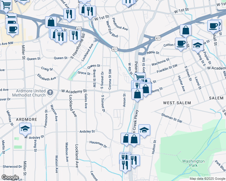 map of restaurants, bars, coffee shops, grocery stores, and more near 1400 West Academy Street in Winston-Salem