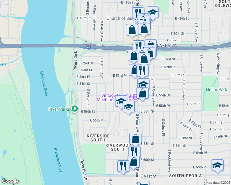 map of restaurants, bars, coffee shops, grocery stores, and more near 5507 South Norfolk Avenue in Tulsa
