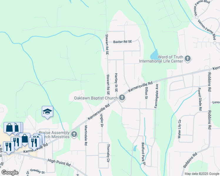 map of restaurants, bars, coffee shops, grocery stores, and more near 145 Stewart Road Southeast in Winston-Salem
