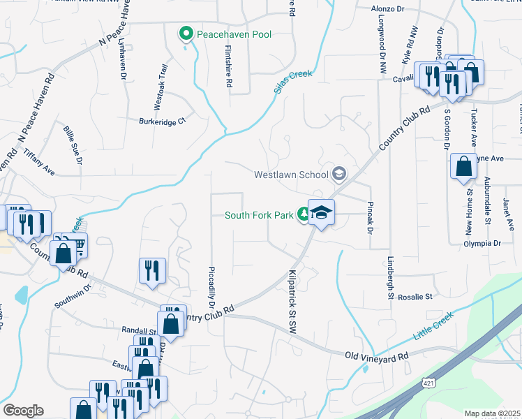 map of restaurants, bars, coffee shops, grocery stores, and more near 227 Tipperary Lane Northwest in Winston-Salem