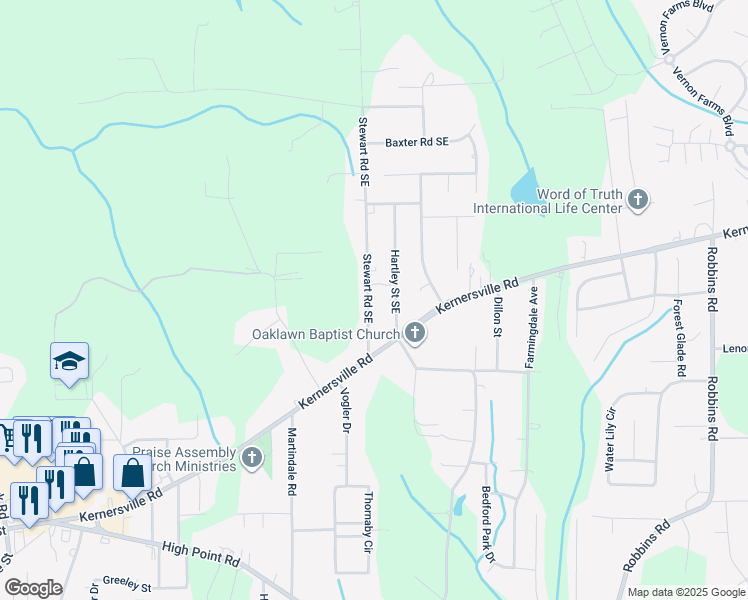 map of restaurants, bars, coffee shops, grocery stores, and more near 145 Stewart Road Southeast in Winston-Salem