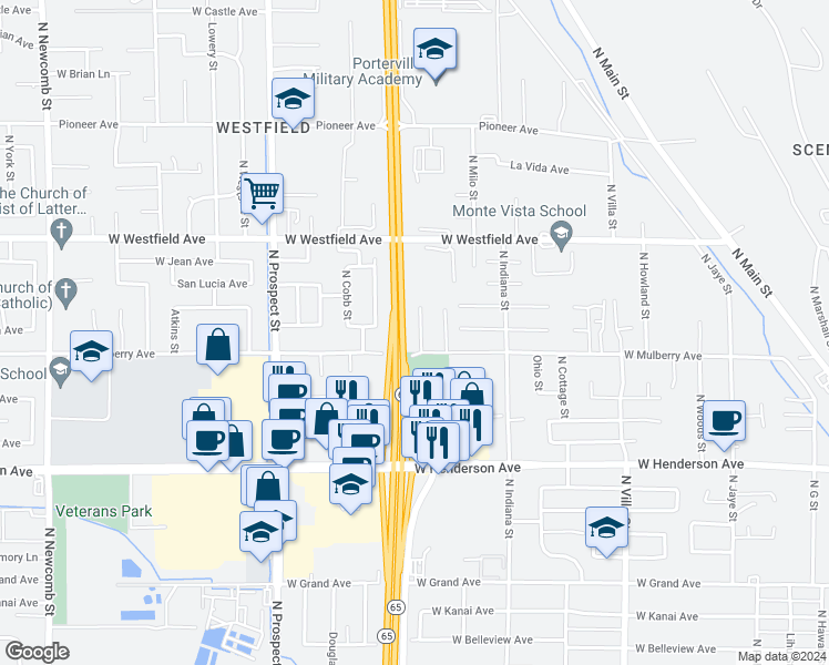 map of restaurants, bars, coffee shops, grocery stores, and more near 1041 Stonegate Cove Drive in Porterville