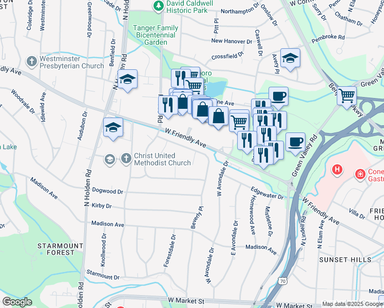 map of restaurants, bars, coffee shops, grocery stores, and more near 3301 Wedgewood Place in Greensboro