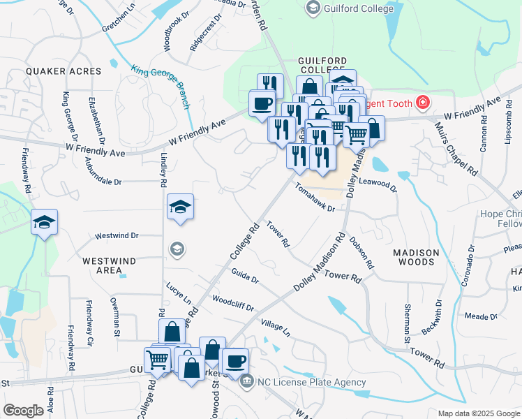 map of restaurants, bars, coffee shops, grocery stores, and more near 515 College Road in Greensboro