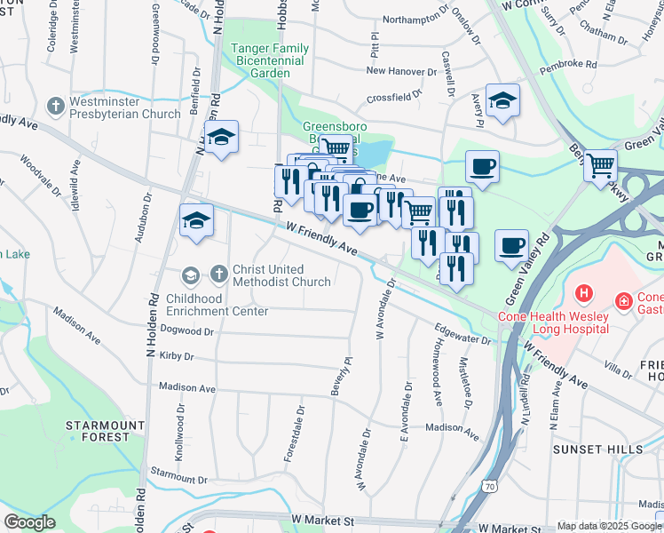 map of restaurants, bars, coffee shops, grocery stores, and more near 3301 Wedgewood Place in Greensboro
