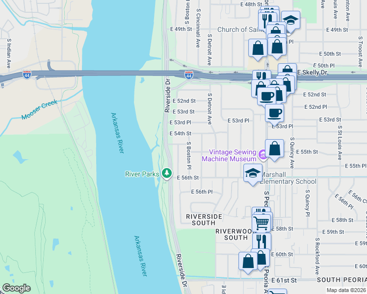 map of restaurants, bars, coffee shops, grocery stores, and more near 5449 South Boston Avenue in Tulsa