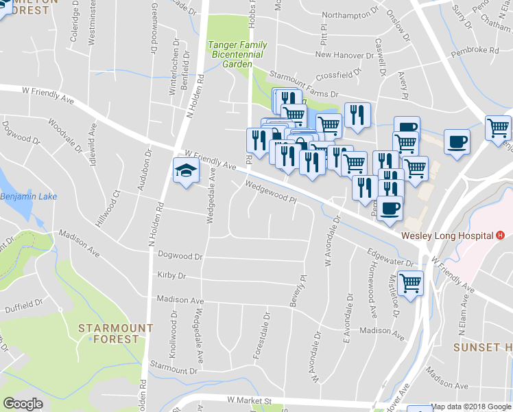 map of restaurants, bars, coffee shops, grocery stores, and more near 7 Wedgewood Court in Greensboro