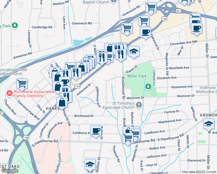 map of restaurants, bars, coffee shops, grocery stores, and more near 719 South Westview Drive in Winston-Salem
