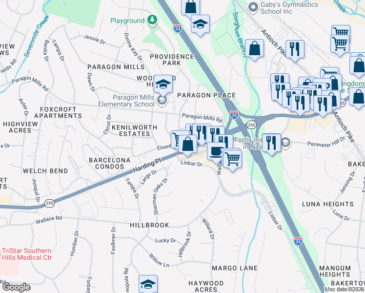 map of restaurants, bars, coffee shops, grocery stores, and more near 4901 Linbar Drive in Nashville