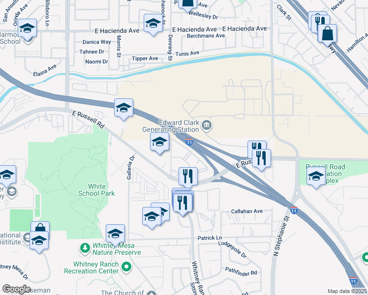 map of restaurants, bars, coffee shops, grocery stores, and more near 5600 East Russell Road in Las Vegas
