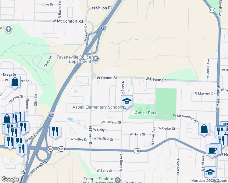 map of restaurants, bars, coffee shops, grocery stores, and more near 1628 Evening Shade Drive in Fayetteville