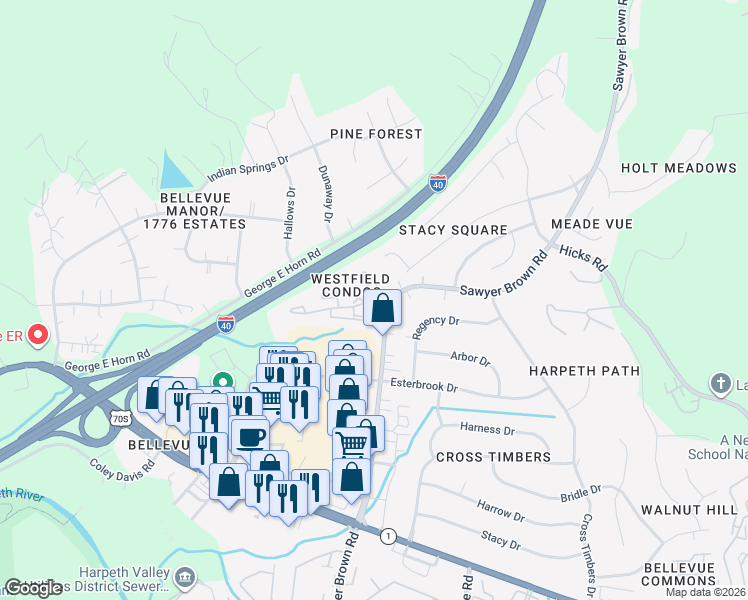 map of restaurants, bars, coffee shops, grocery stores, and more near 103 Westfield Drive in Nashville