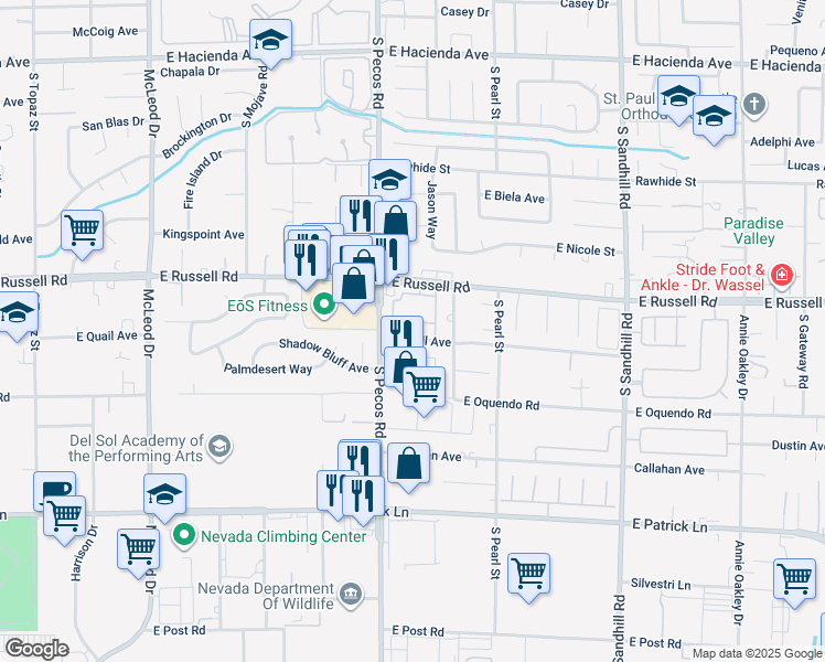 map of restaurants, bars, coffee shops, grocery stores, and more near 3425 East Russell Road in Las Vegas