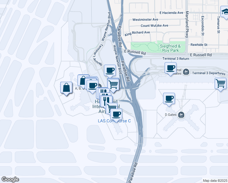 map of restaurants, bars, coffee shops, grocery stores, and more near 5757 Wayne Newton Boulevard in Las Vegas