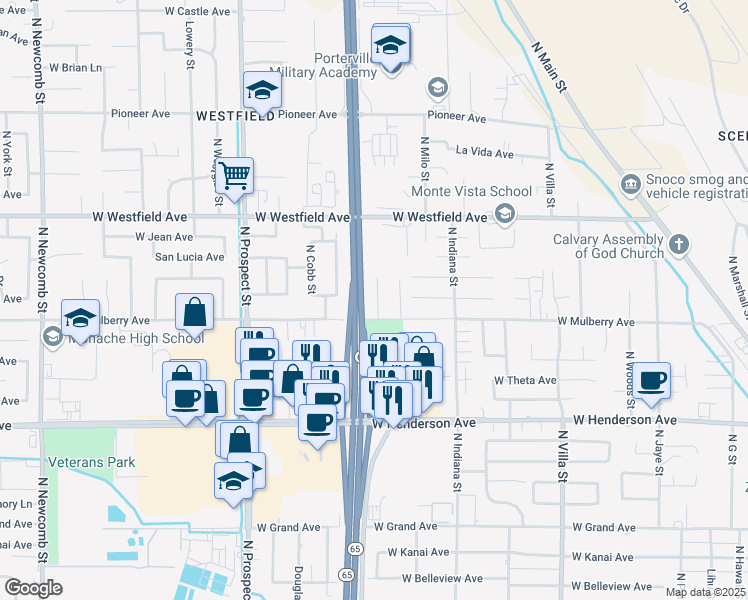 map of restaurants, bars, coffee shops, grocery stores, and more near 950 West Mulberry Avenue in Porterville