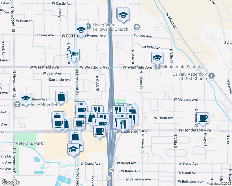 map of restaurants, bars, coffee shops, grocery stores, and more near 950 West Mulberry Avenue in Porterville