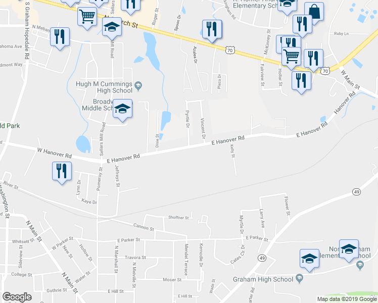 map of restaurants, bars, coffee shops, grocery stores, and more near 509 East Hanover Road in Graham