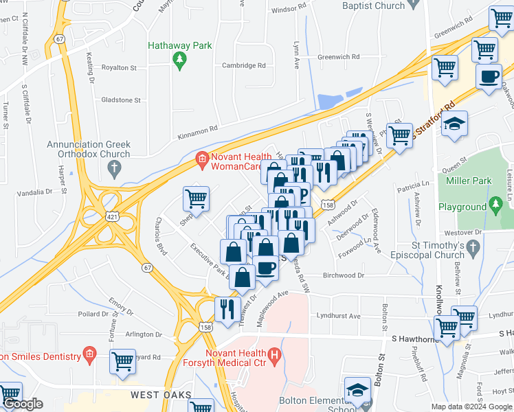 map of restaurants, bars, coffee shops, grocery stores, and more near 350 Stark Street in Winston-Salem